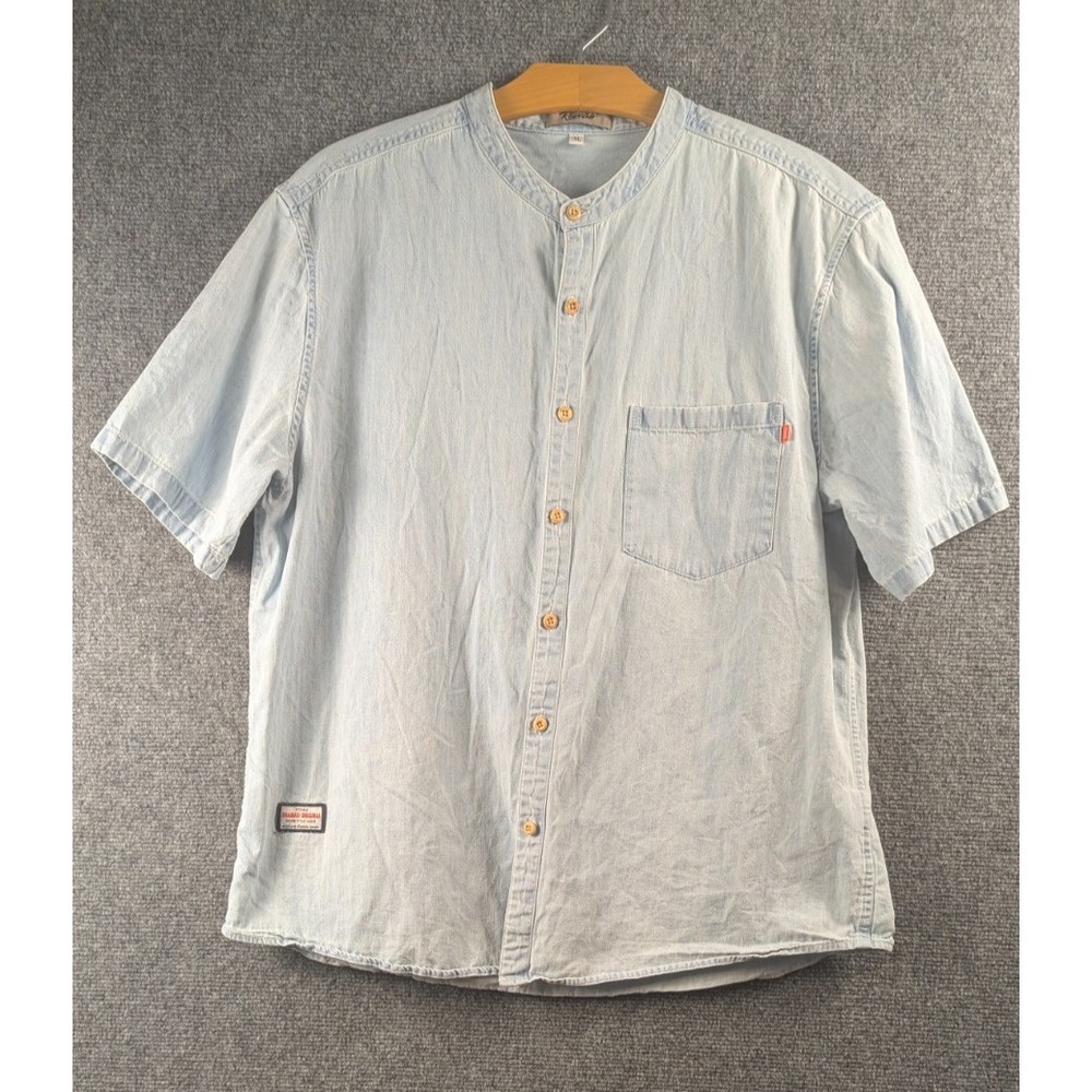 Reverb Grandad Collar Chambray Button Front Shirt Light Wash Denim XL